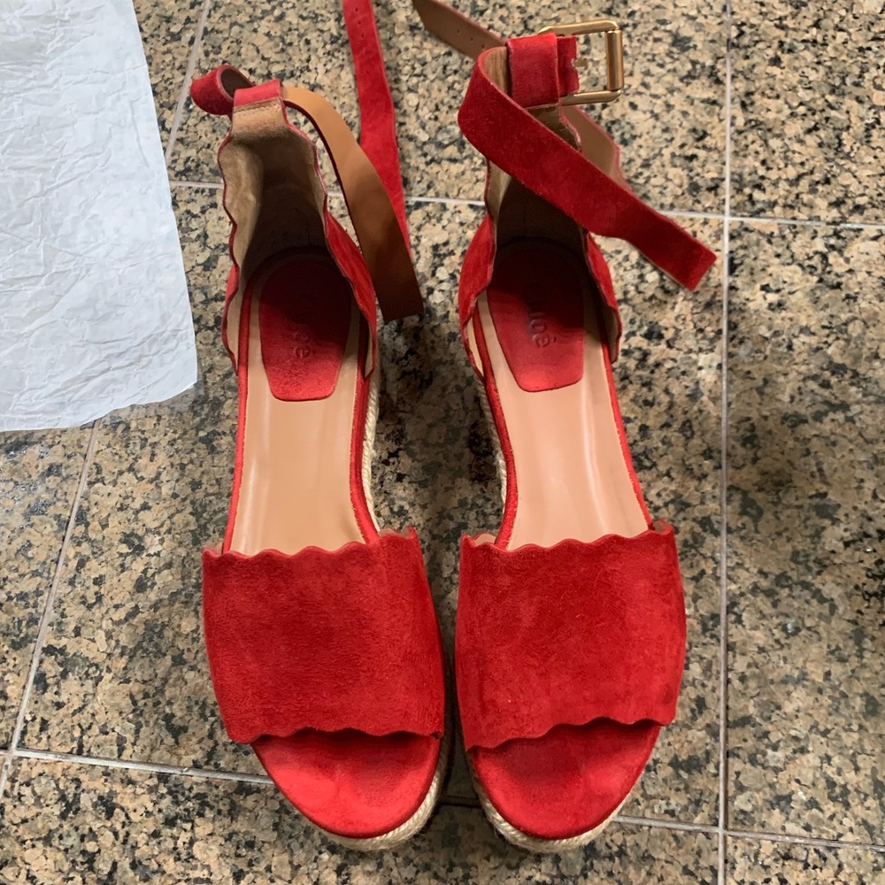 Red Suede Scallop Espadrille Sandals - Women - Picture 4 of 14
